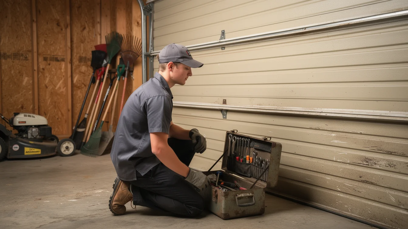 A technician kneels by an open toolbox next to a closed garage door.
