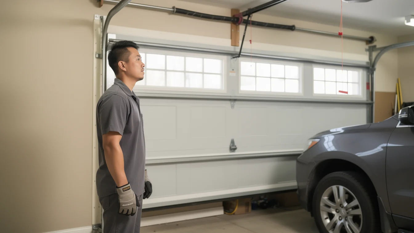 A technician stands in a garage with a white garage door and a gray car.
