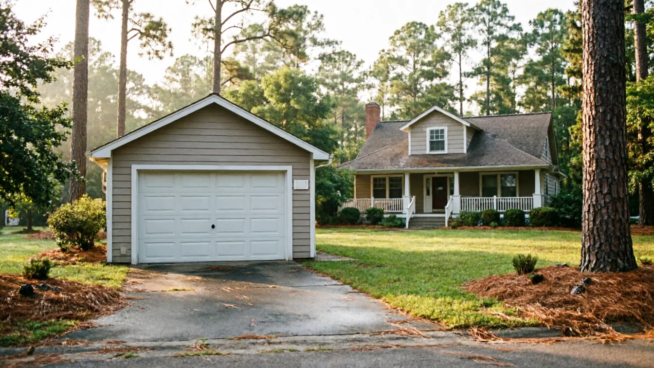 A detached garage with a white door and a house in the background.