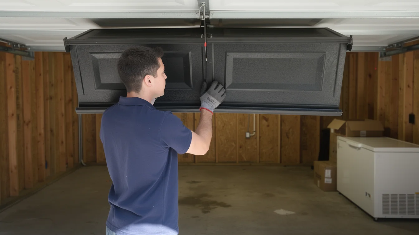 A technician in a blue shirt is adjusting a black garage door.