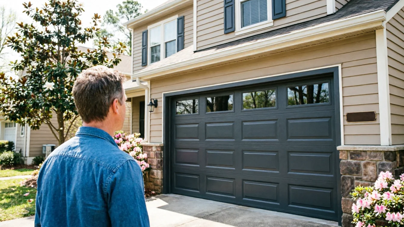 A man in a blue shirt stands facing a gray garage door with windows.