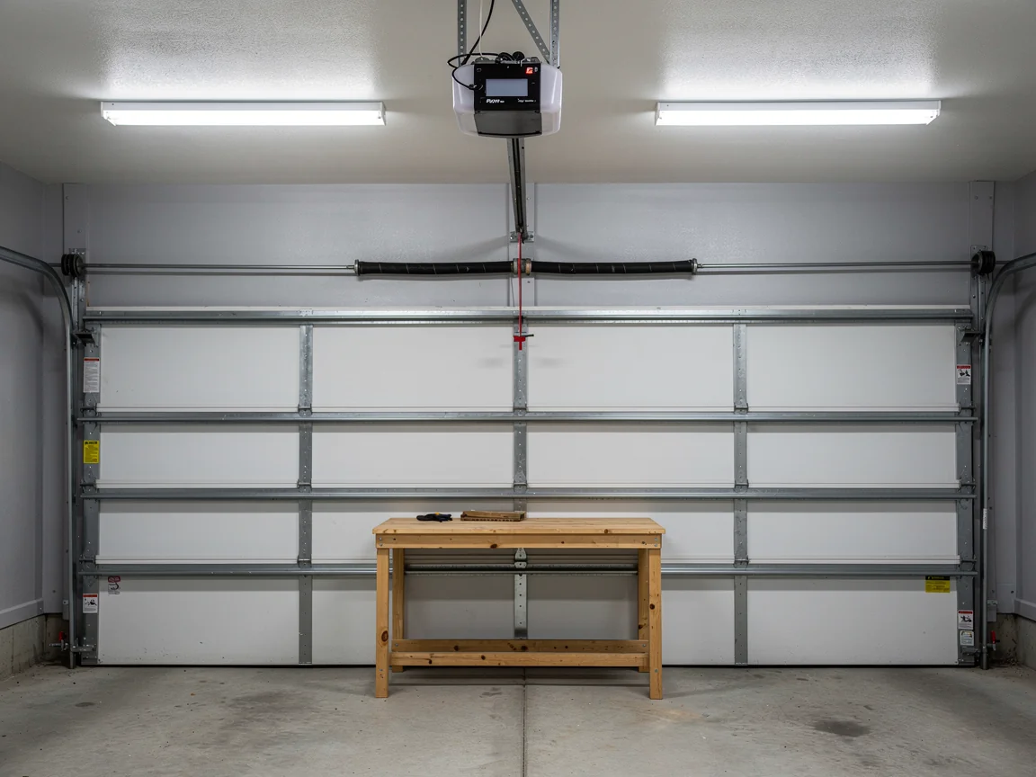 A white garage door is closed with a wooden workbench in front of it.