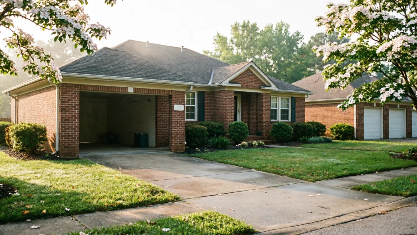 A brick house with an open garage and a blooming tree in the foreground.