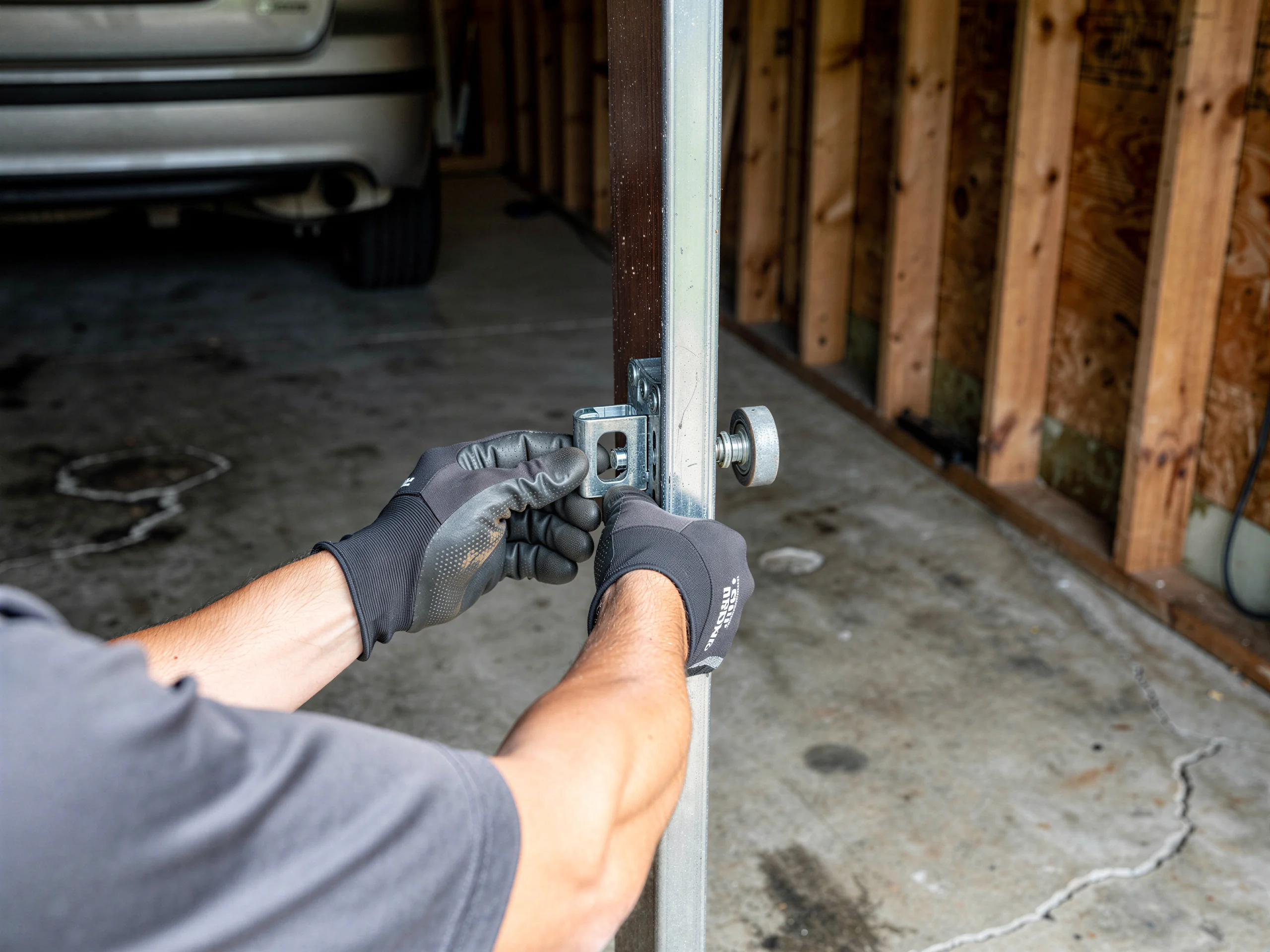 A technician in gloves adjusts a garage door roller on a track.